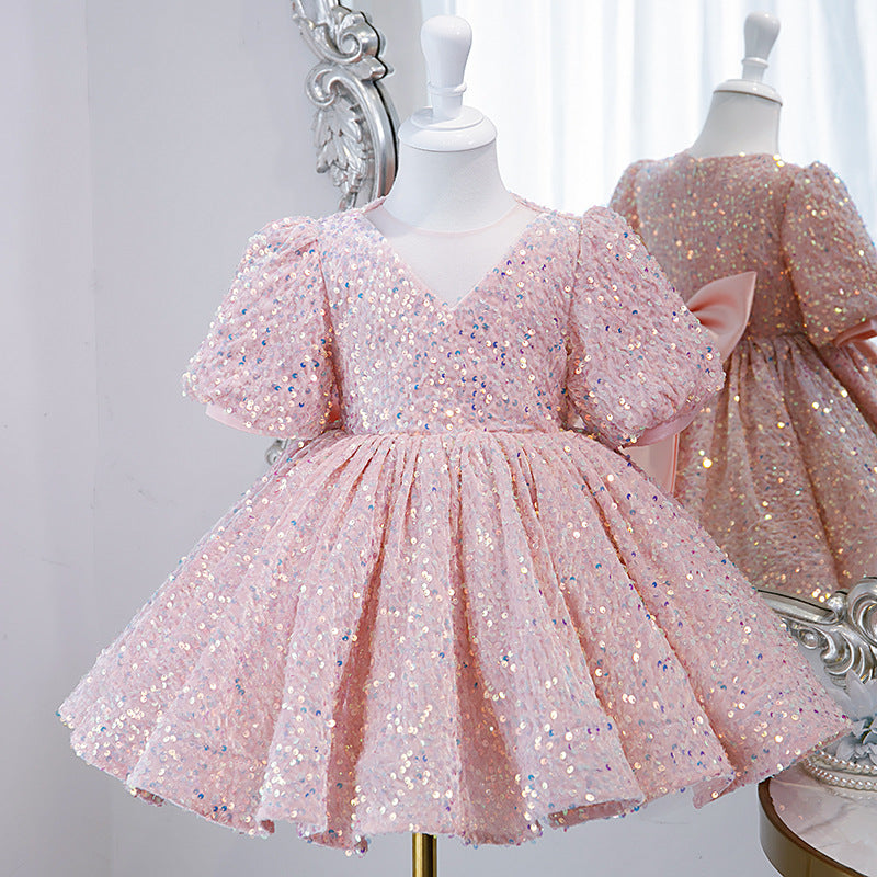 Pink Sequin Princess Dress | V-Neck Bow Puff Sleeves