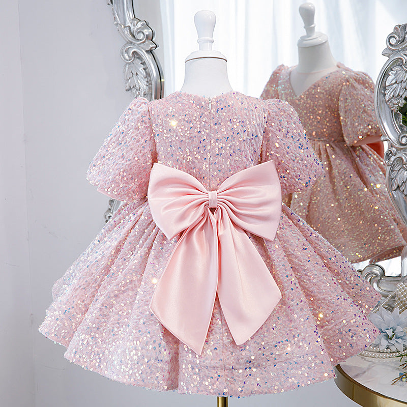 Pink Sequin Princess Dress | V-Neck Bow Puff Sleeves