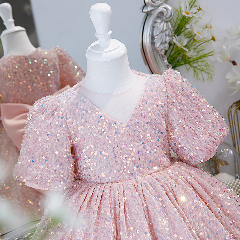 Pink Sequin Princess Dress | V-Neck Bow Puff Sleeves