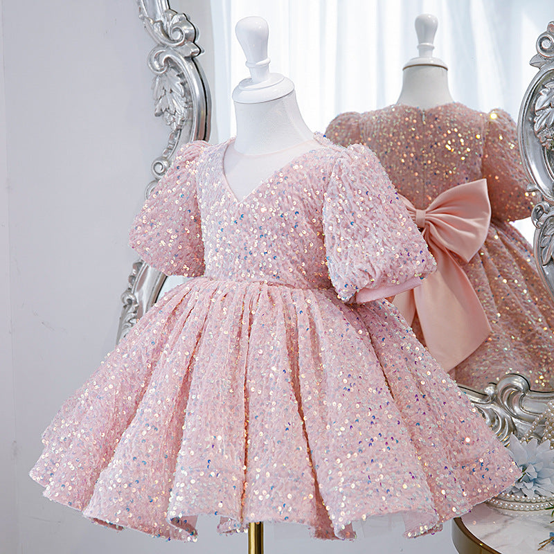 Pink Sequin Princess Dress | V-Neck Bow Puff Sleeves