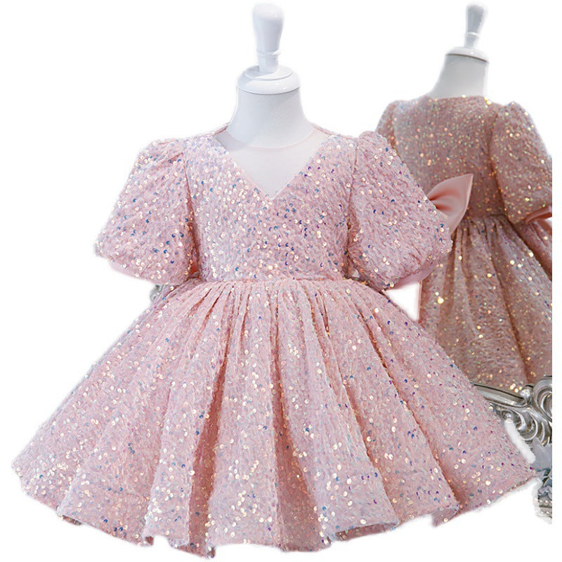 Pink Sequin Princess Dress | V-Neck Bow Puff Sleeves