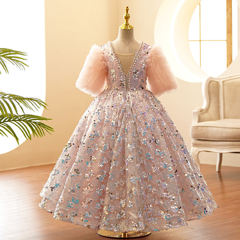 Pink Sequin Princess Flower Girl Dress | V-Neck Sleeves