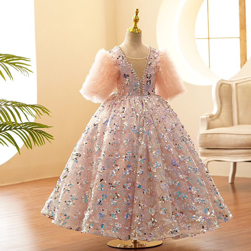 Pink Sequin Princess Flower Girl Dress | V-Neck Sleeves