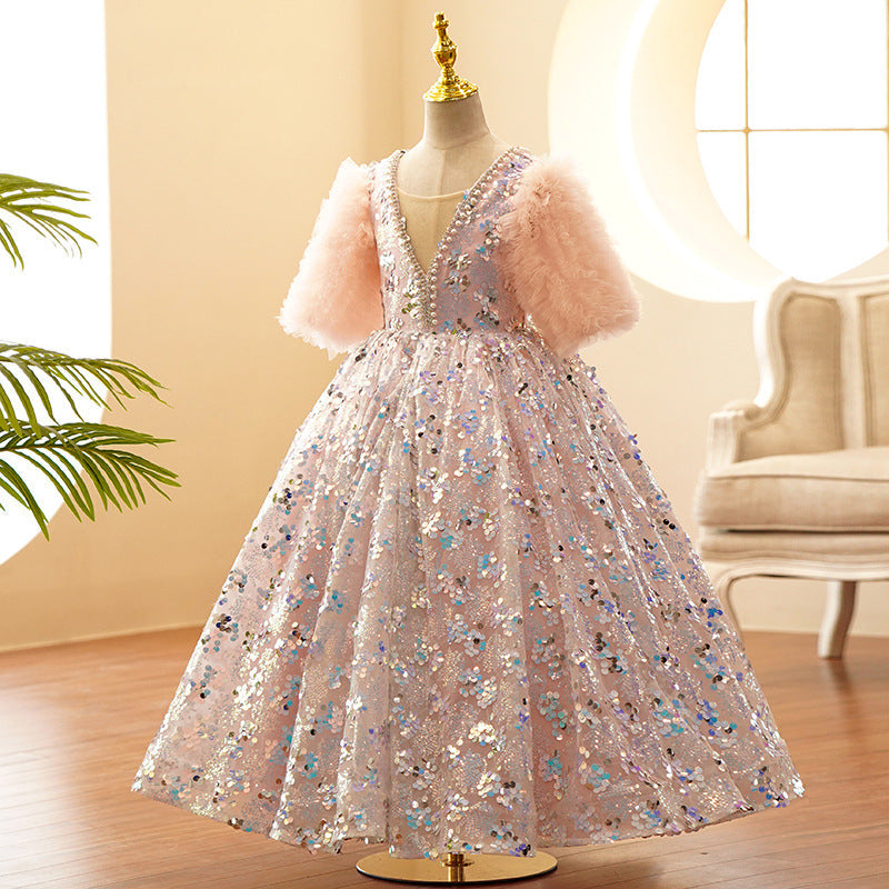 Pink Sequin Princess Flower Girl Dress | V-Neck Sleeves
