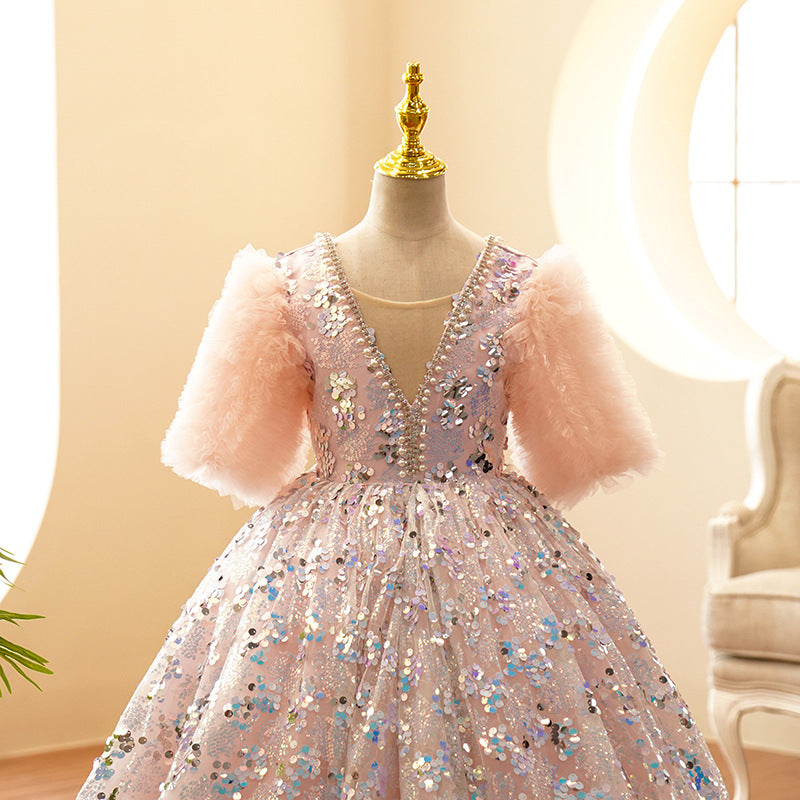 Pink Sequin Princess Flower Girl Dress | V-Neck Sleeves