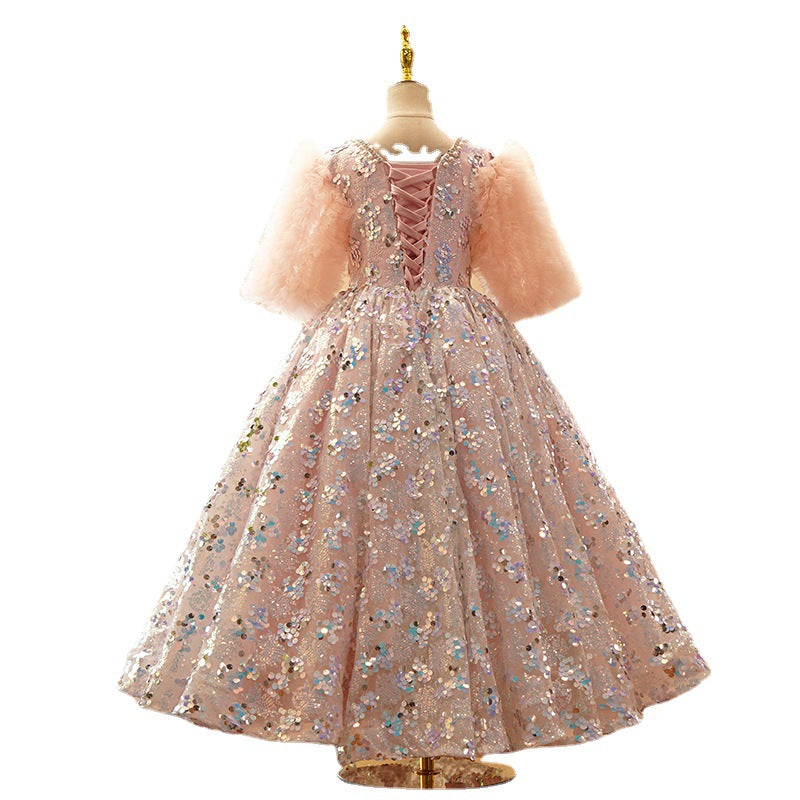 Pink Sequin Princess Flower Girl Dress | V-Neck Sleeves