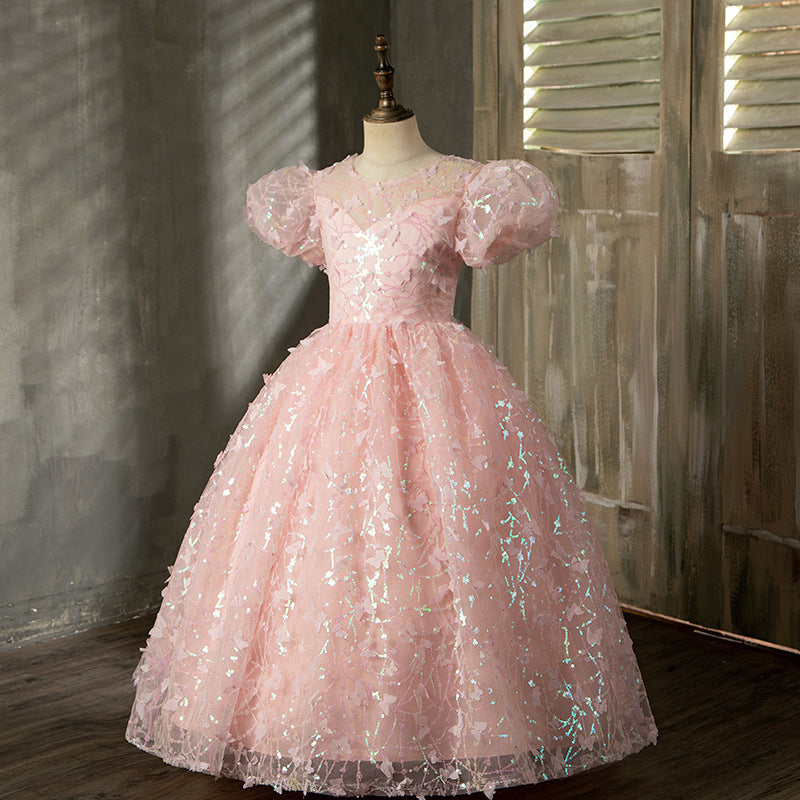 Pink Sequin Princess Flower Girl Dress Boat Neck Puff Sleeve