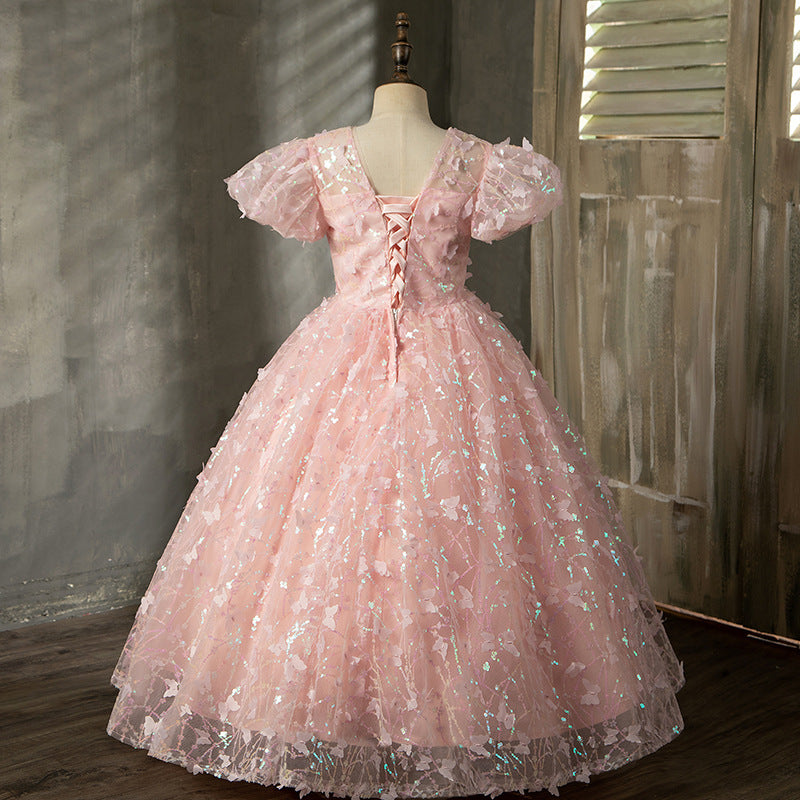 Pink Sequin Princess Flower Girl Dress Boat Neck Puff Sleeve