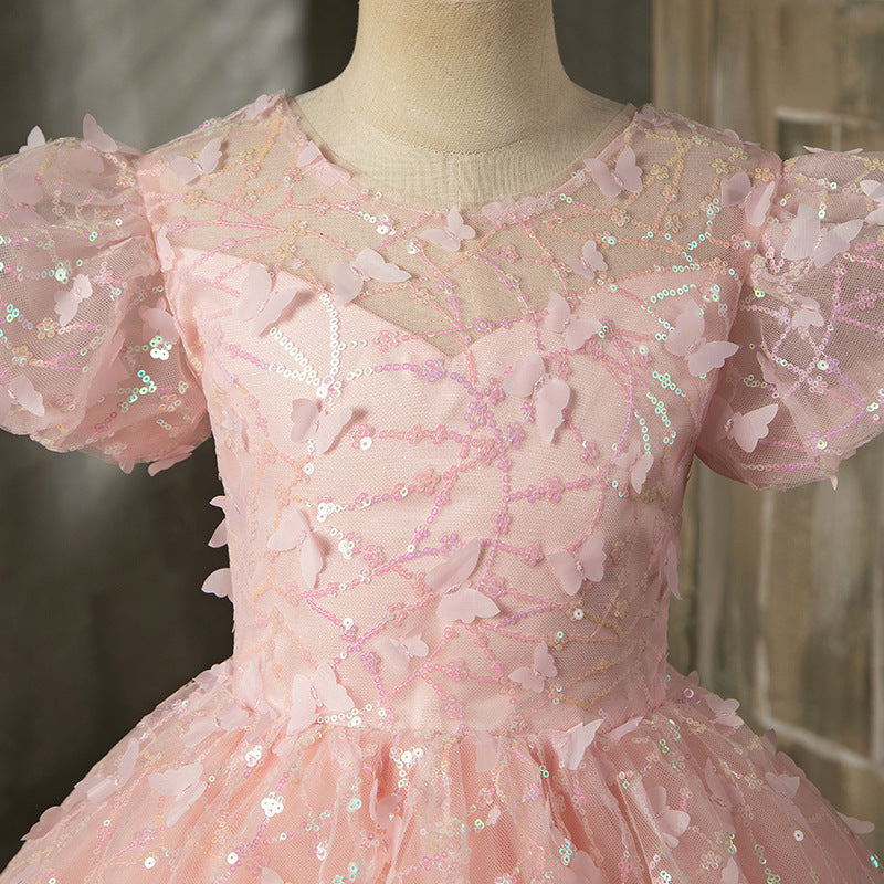 Pink Sequin Princess Flower Girl Dress Boat Neck Puff Sleeve
