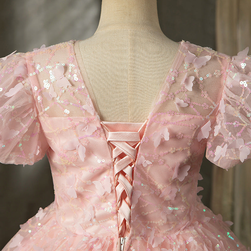 Pink Sequin Princess Flower Girl Dress Boat Neck Puff Sleeve