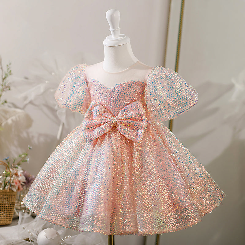 Pink Sequin Princess Flower Girl Dress Bow Puff Short Sleeve