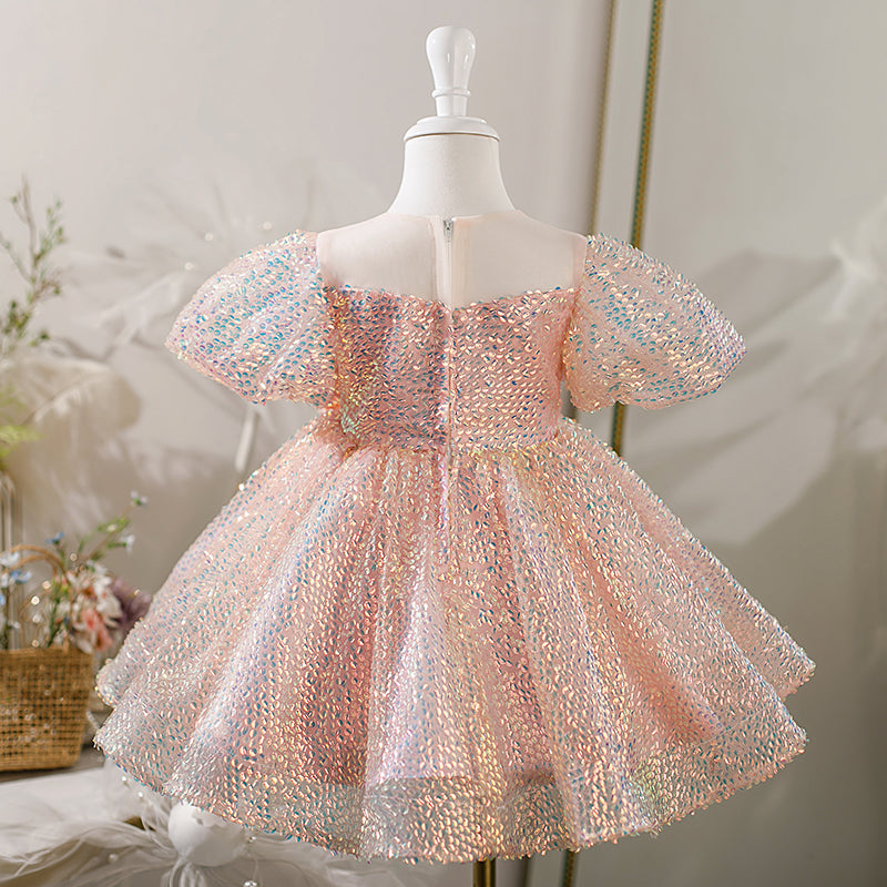 Pink Sequin Princess Flower Girl Dress Bow Puff Short Sleeve
