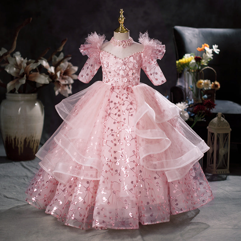 Pink Sequin Princess Flower Girl Dress Mock Neck Ruffle