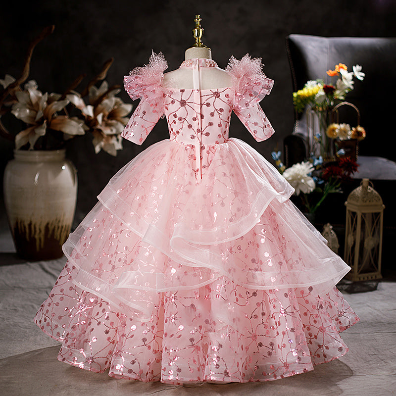 Pink Sequin Princess Flower Girl Dress Mock Neck Ruffle