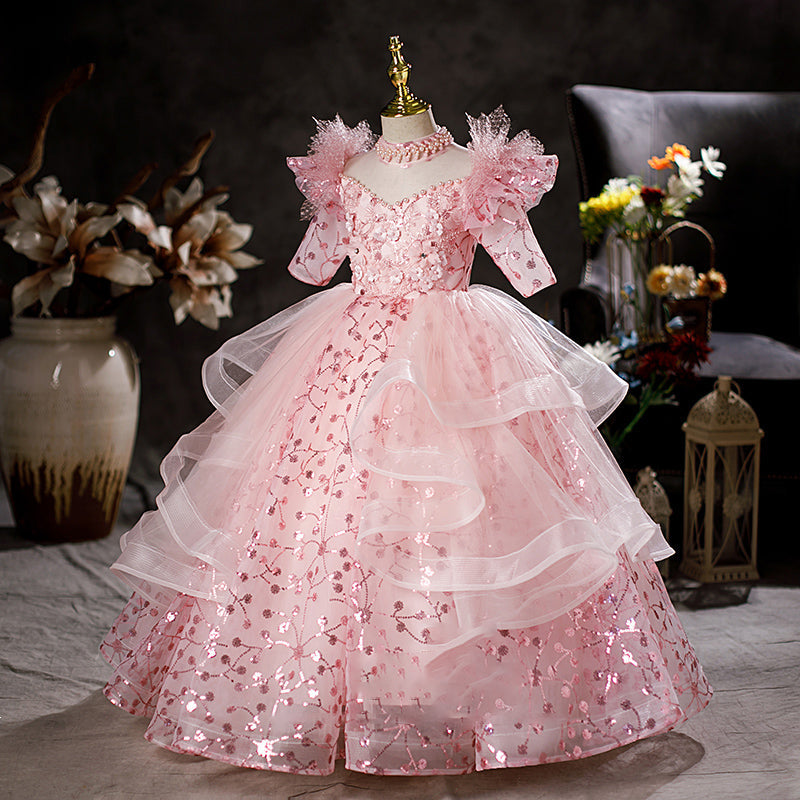 Pink Sequin Princess Flower Girl Dress Mock Neck Ruffle