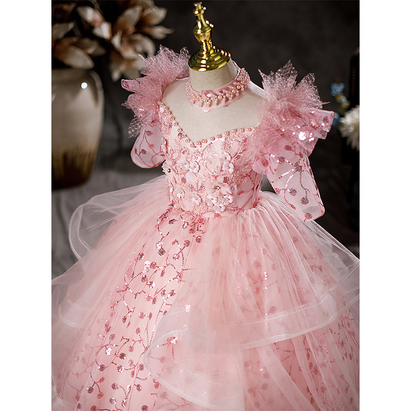 Pink Sequin Princess Flower Girl Dress Mock Neck Ruffle
