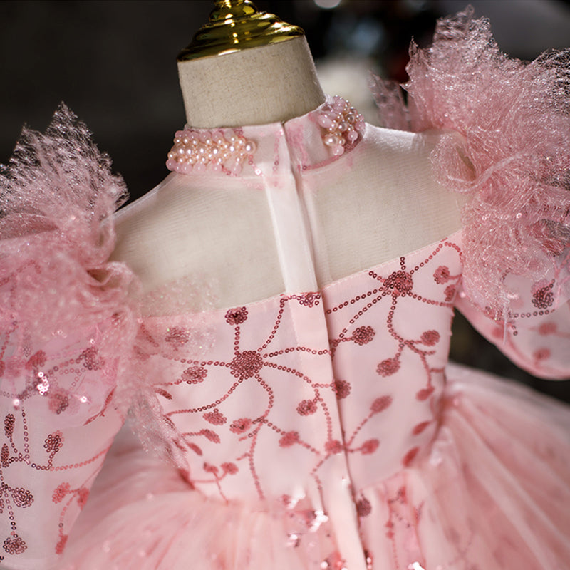 Pink Sequin Princess Flower Girl Dress Mock Neck Ruffle