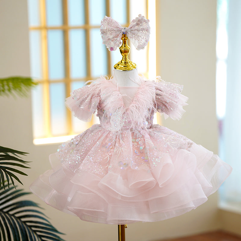 Pink Sequin Princess Flower Girl Dress Short Puff Sleeve