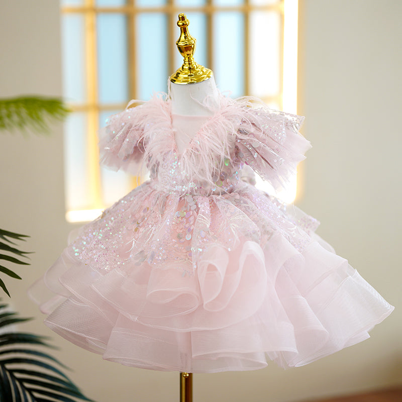 Pink Sequin Princess Flower Girl Dress Short Puff Sleeve