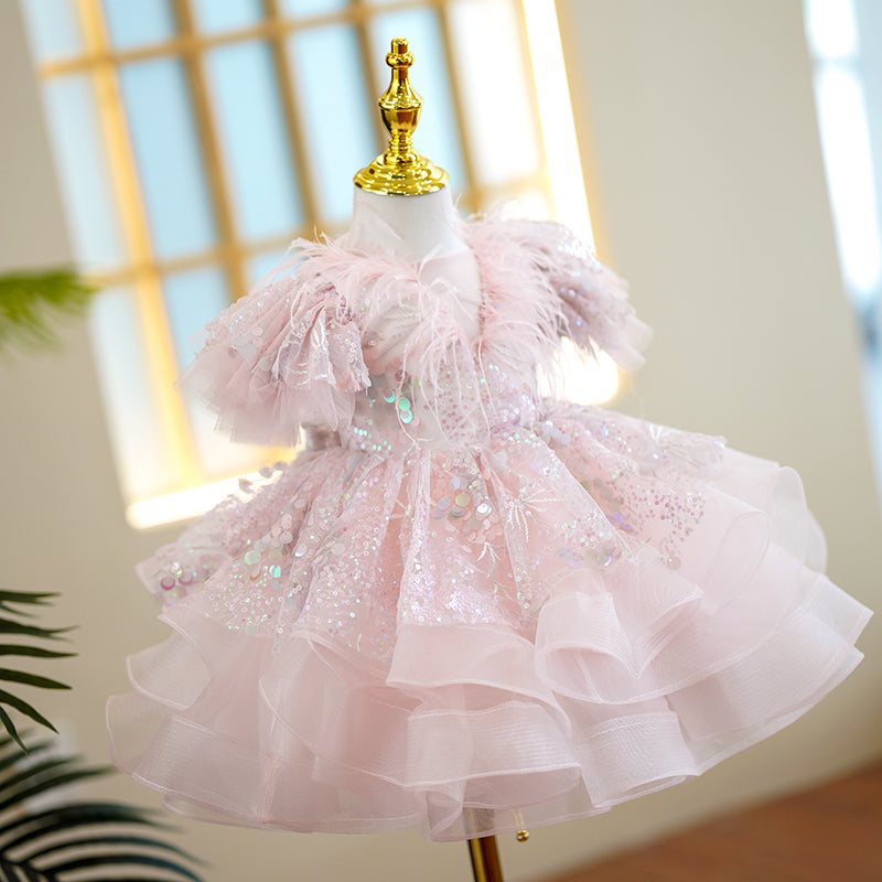 Pink Sequin Princess Flower Girl Dress Short Puff Sleeve