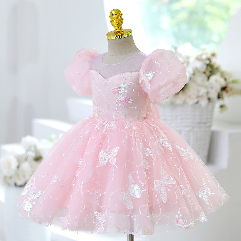 Pink Sequin Princess Flower Girl Dress Short Puff Sleeve Knee