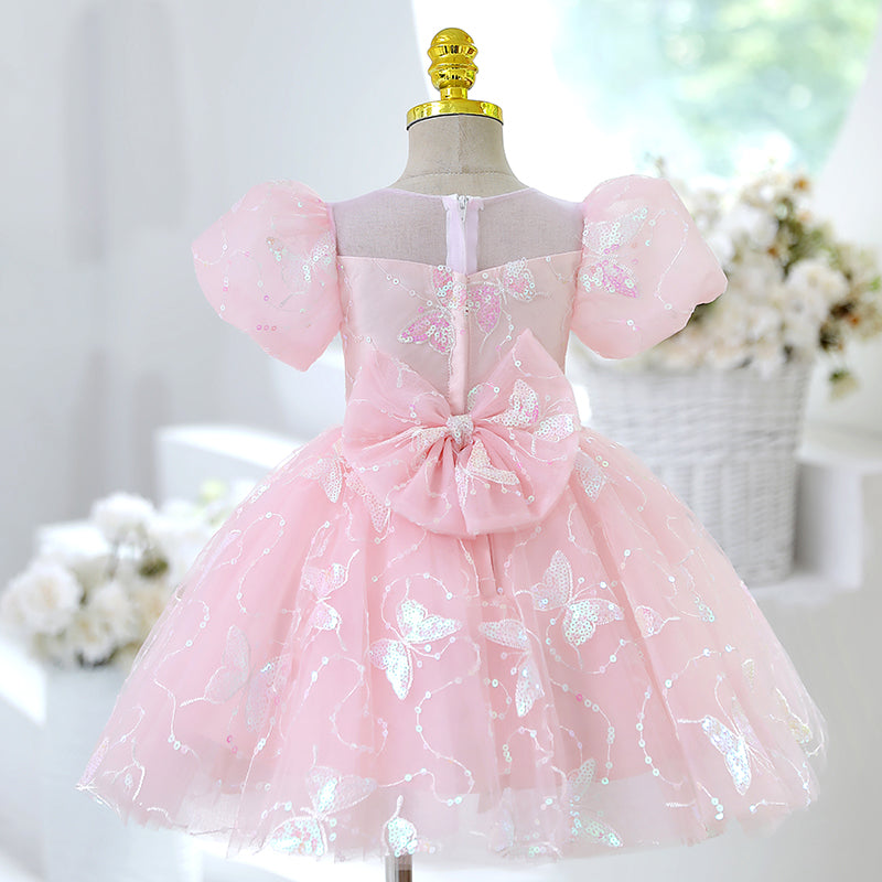 Pink Sequin Princess Flower Girl Dress Short Puff Sleeve Knee