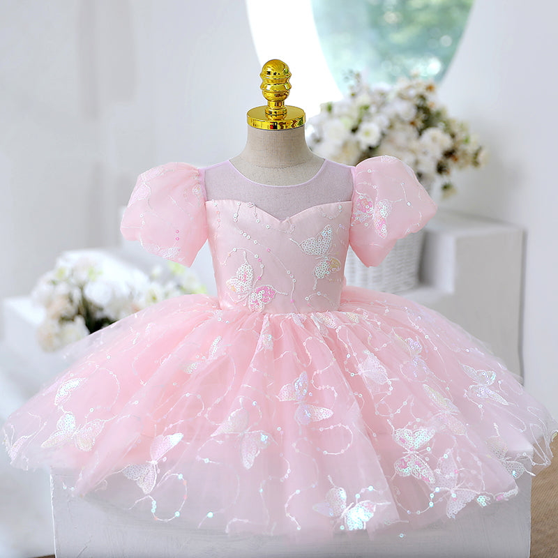 Pink Sequin Princess Flower Girl Dress Short Puff Sleeve Knee