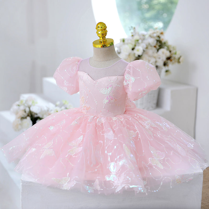 Pink Sequin Princess Flower Girl Dress Short Puff Sleeve Knee