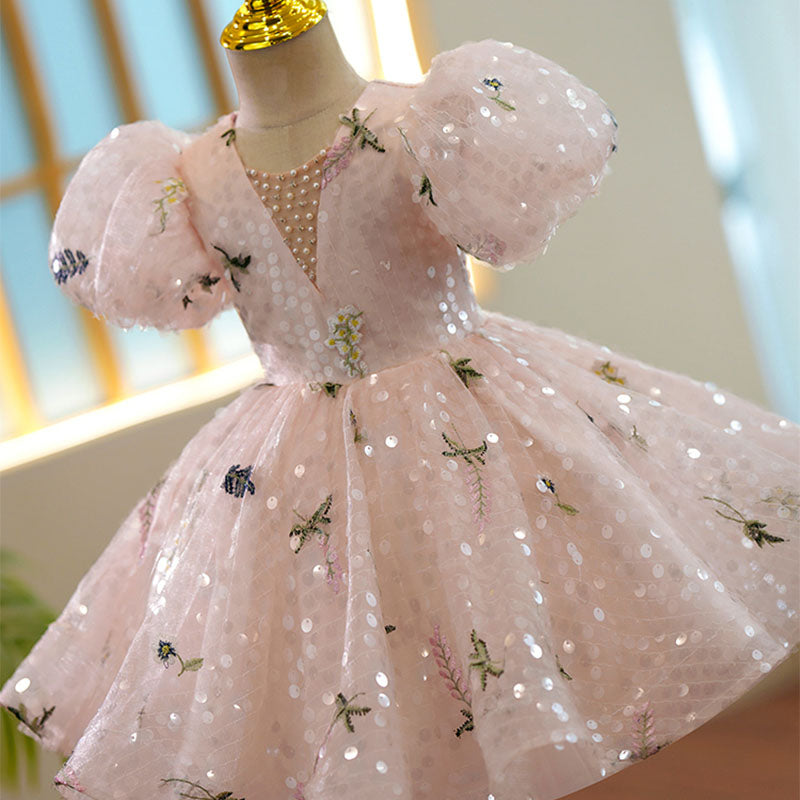 Pink Sequin Princess Flower Girl Dress Short Puff Sleeve Knee