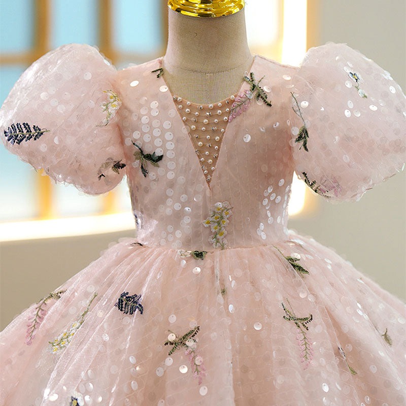 Pink Sequin Princess Flower Girl Dress Short Puff Sleeve Knee