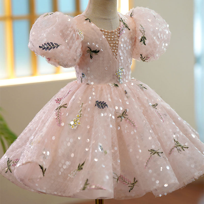 Pink Sequin Princess Flower Girl Dress Short Puff Sleeve Knee