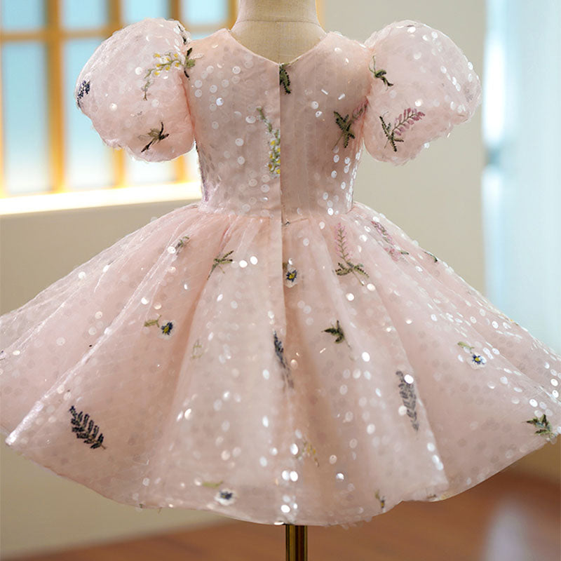 Pink Sequin Princess Flower Girl Dress Short Puff Sleeve Knee