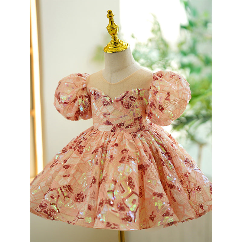 Pink Sequin Princess Flower Girl Dress with Puff Sleeves