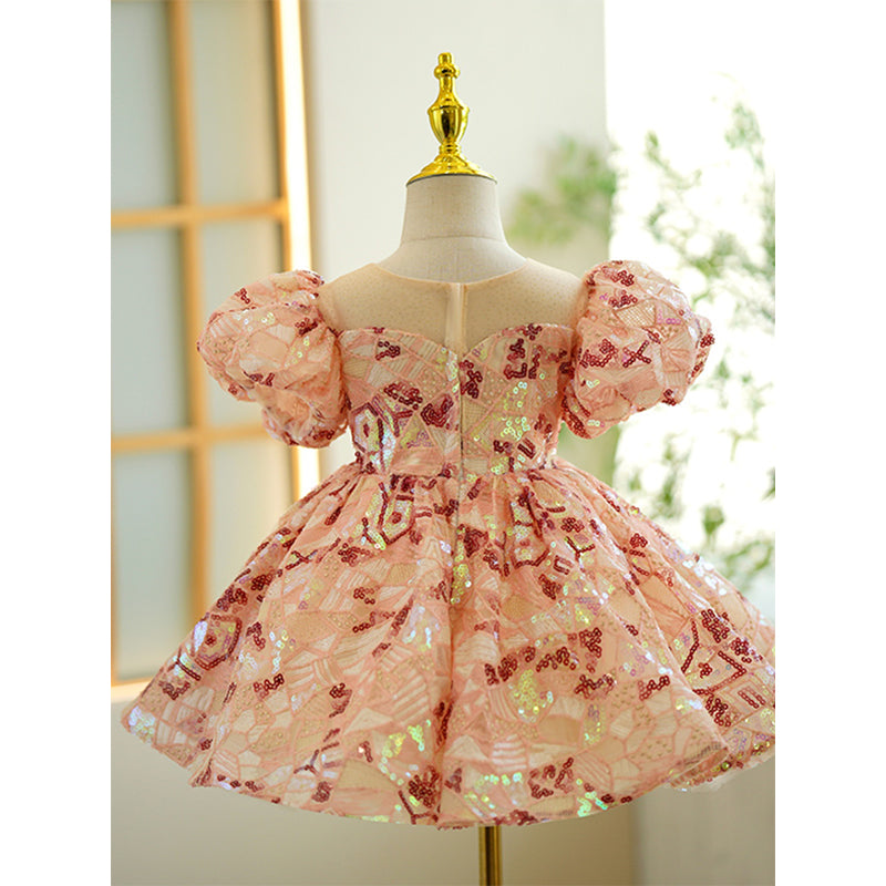 Pink Sequin Princess Flower Girl Dress with Puff Sleeves