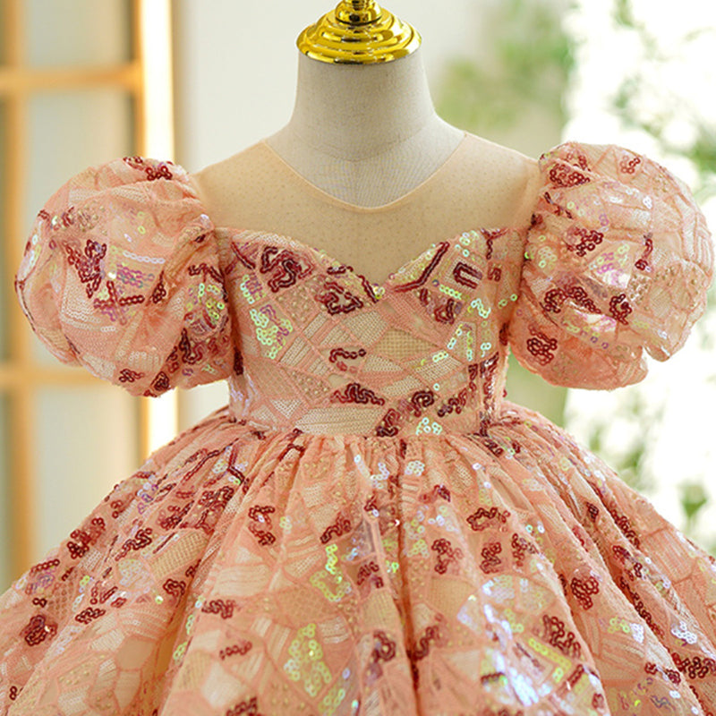 Pink Sequin Princess Flower Girl Dress with Puff Sleeves