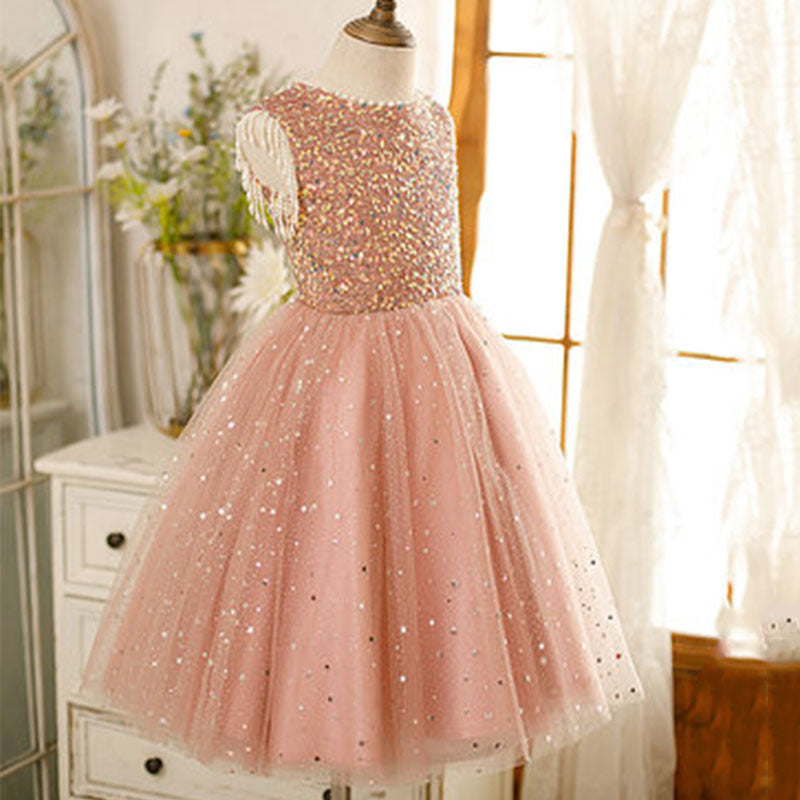 Pink Sequin Tulle A-Line Flower Girl Dress Beaded Sleeveless