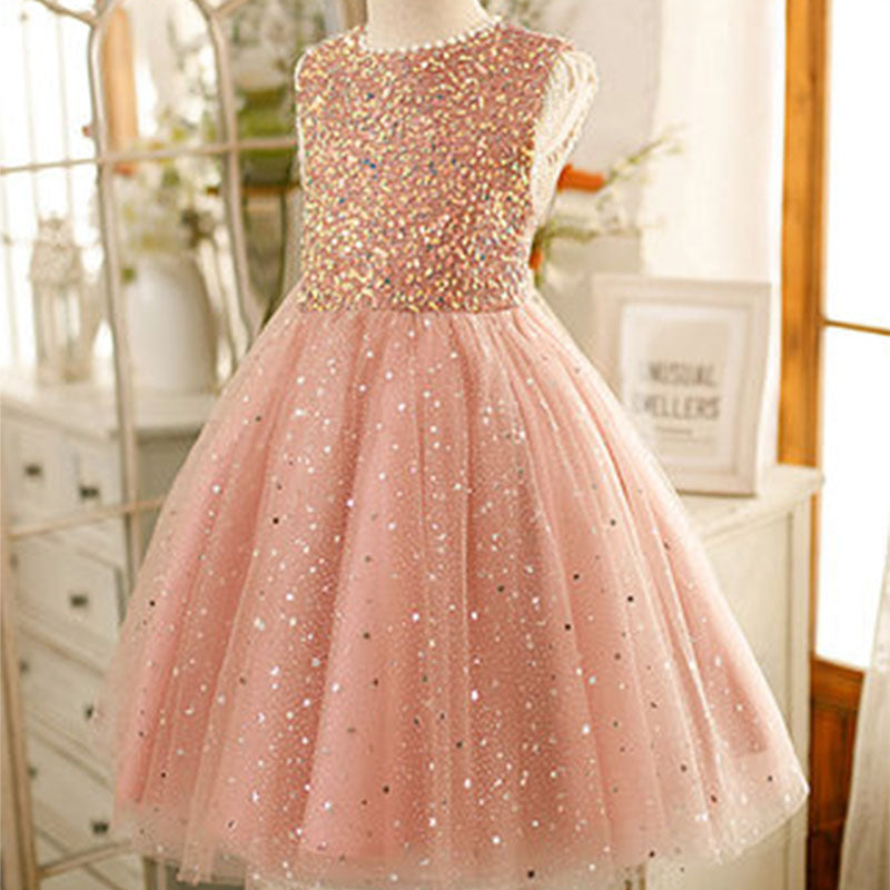Pink Sequin Tulle A-Line Flower Girl Dress Beaded Sleeveless