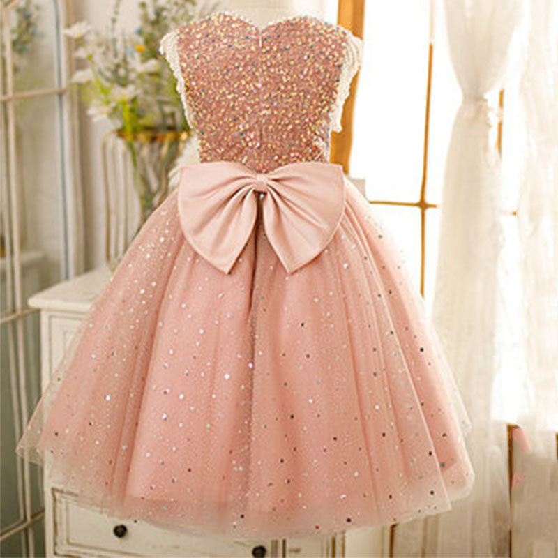 Pink Sequin Tulle A-Line Flower Girl Dress Beaded Sleeveless
