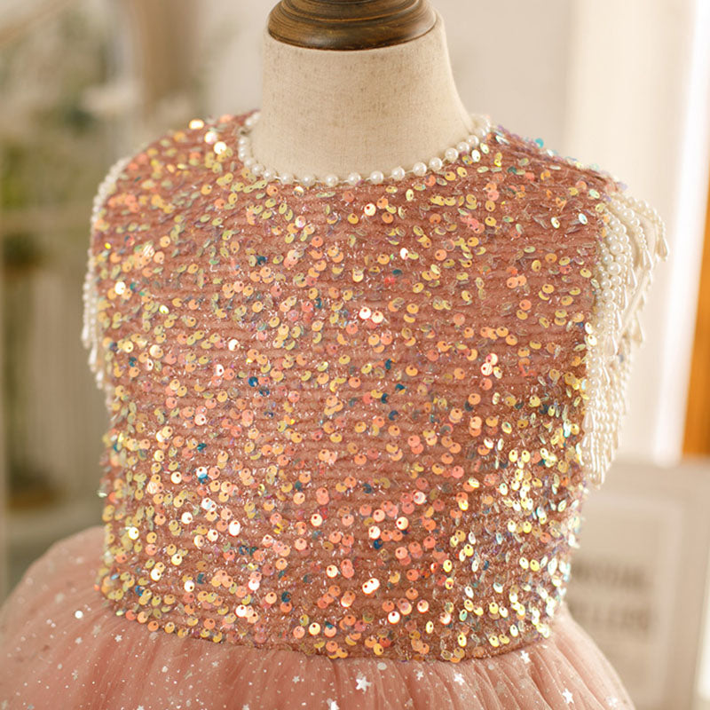 Pink Sequin Tulle A-Line Flower Girl Dress Beaded Sleeveless