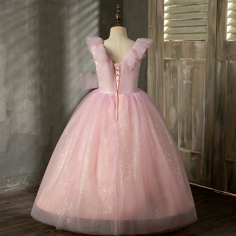 Pink Sequin Tulle A-Line Flower Girl Dress Scoop Neck