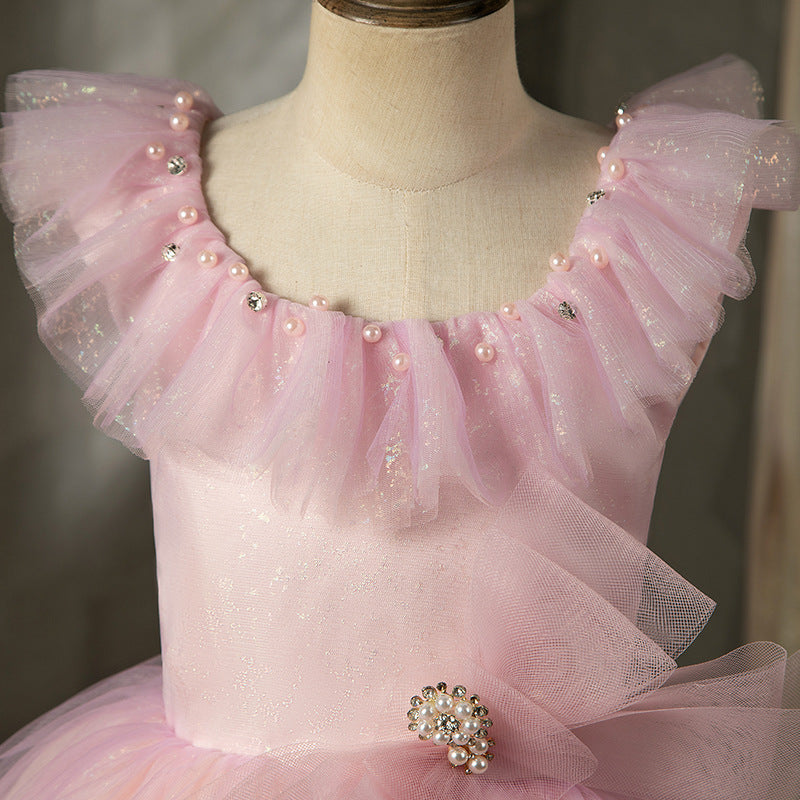 Pink Sequin Tulle A-Line Flower Girl Dress Scoop Neck