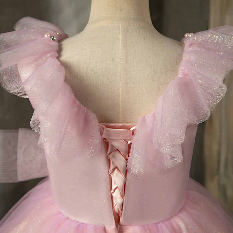 Pink Sequin Tulle A-Line Flower Girl Dress Scoop Neck