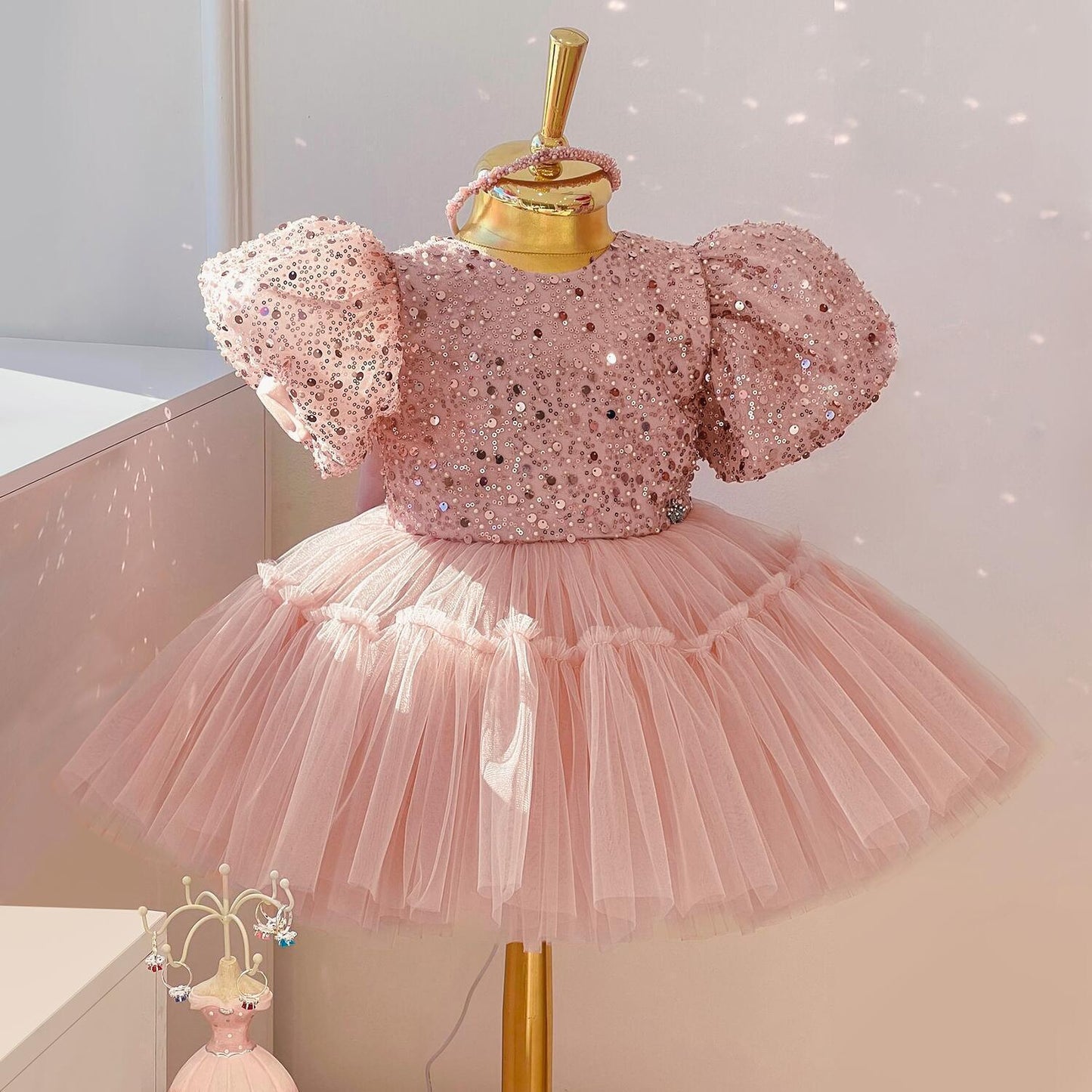 Pink Sequin Tulle A-Line Flower Girl Dress with Puff Sleeves