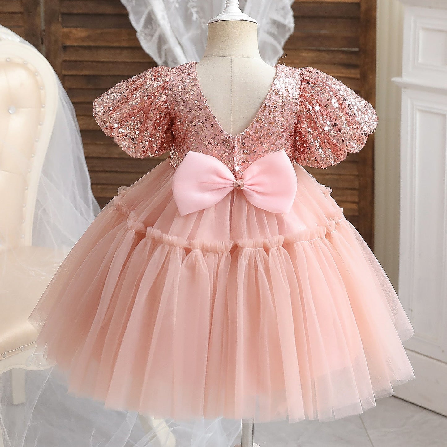 Pink Sequin Tulle A-Line Flower Girl Dress with Puff Sleeves