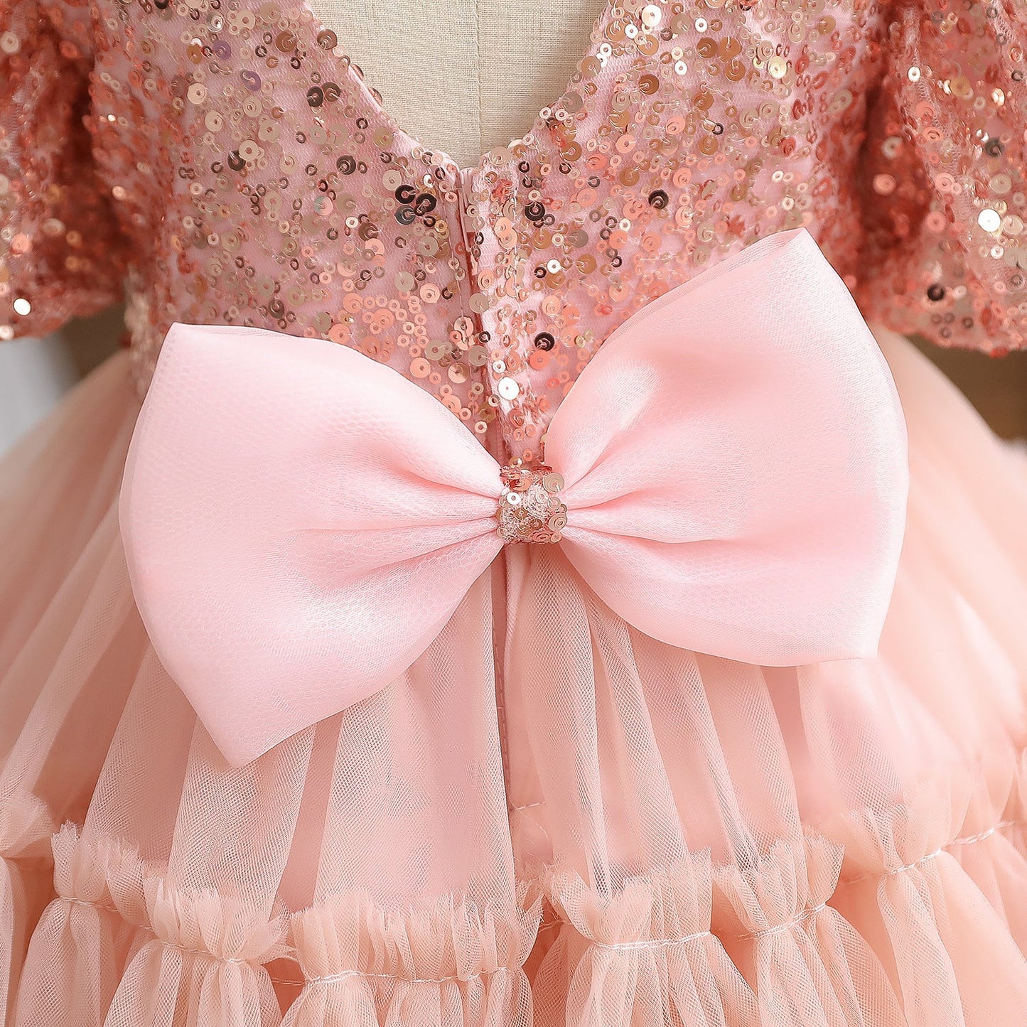 Pink Sequin Tulle A-Line Flower Girl Dress with Puff Sleeves