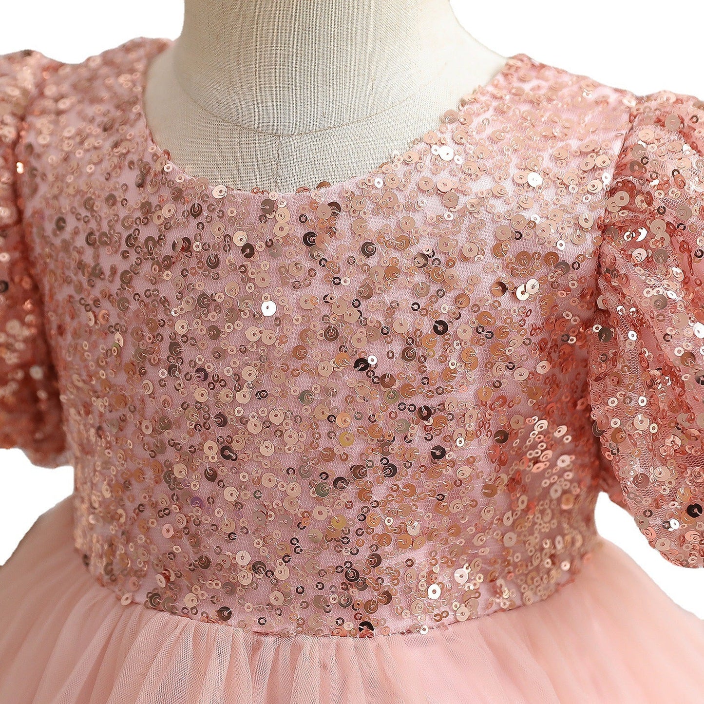 Pink Sequin Tulle A-Line Flower Girl Dress with Puff Sleeves