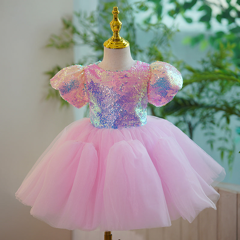 Pink Sequin Tulle Princess Dress - Puff Sleeve, Tea Length