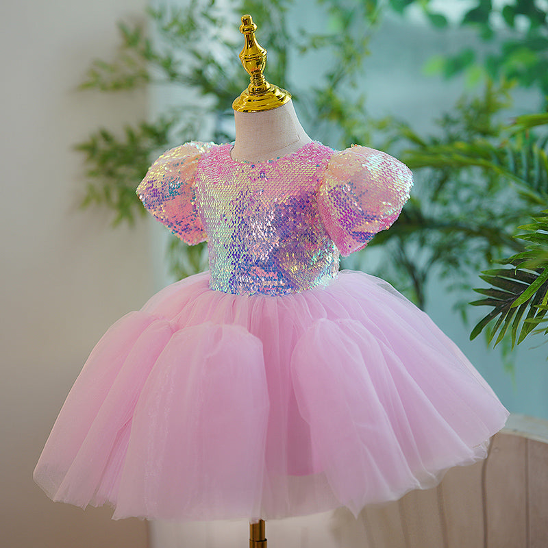 Pink Sequin Tulle Princess Dress - Puff Sleeve, Tea Length