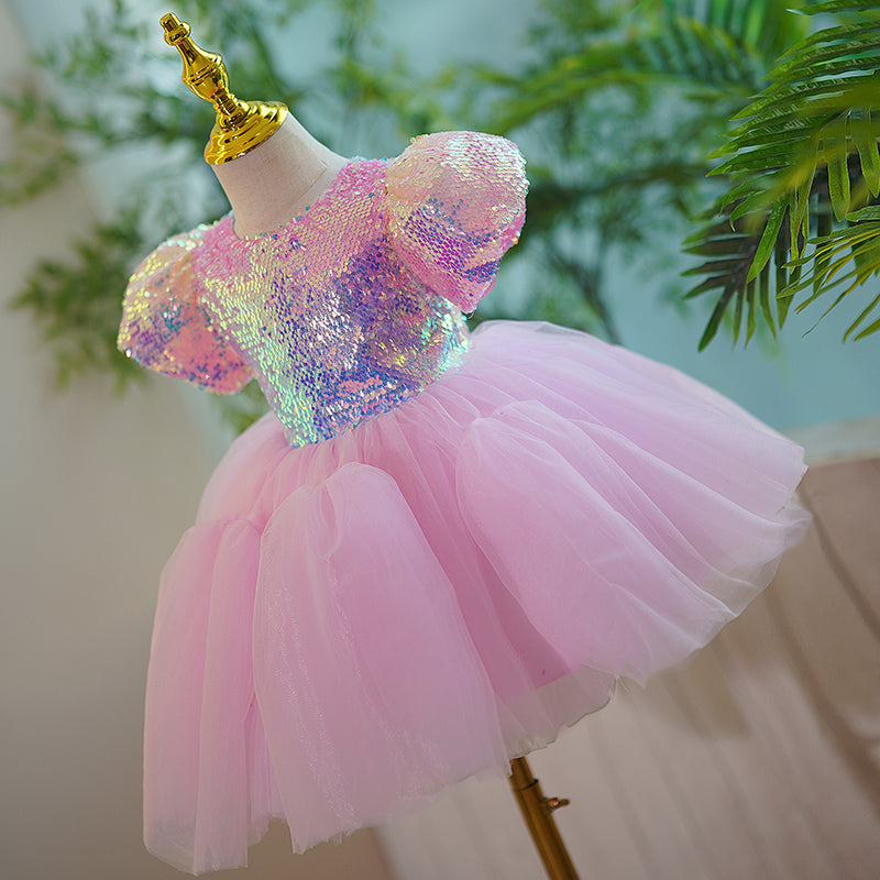 Pink Sequin Tulle Princess Dress - Puff Sleeve, Tea Length