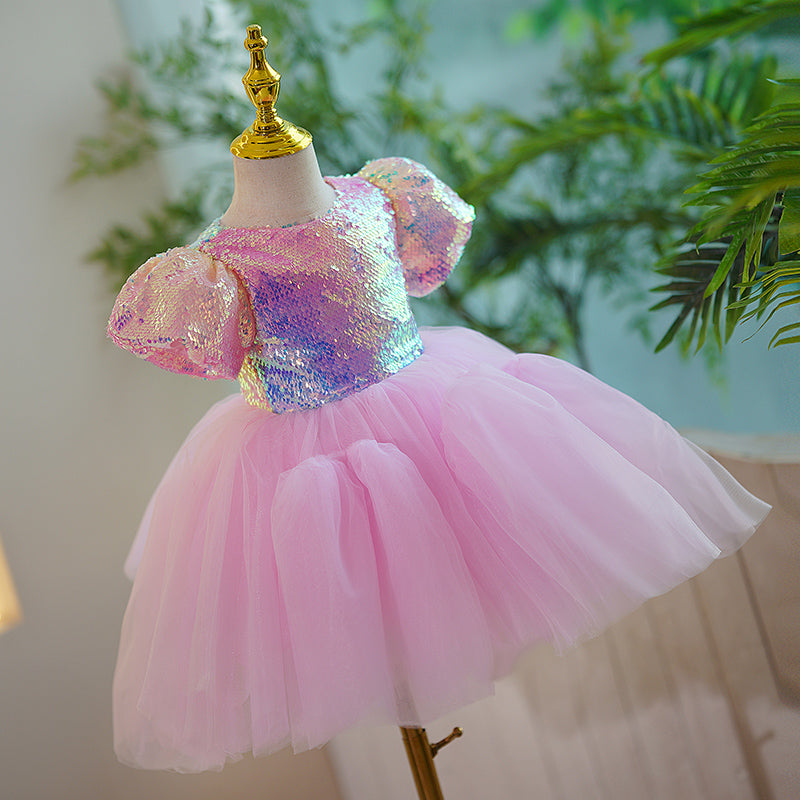 Pink Sequin Tulle Princess Dress - Puff Sleeve, Tea Length